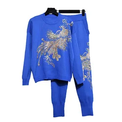 Fashion Knitted Two Piece Set Women Loose Embroidery Tracksuits Beading Peacock Pullover Sweater Pencil Pants Outfits 2pc Female