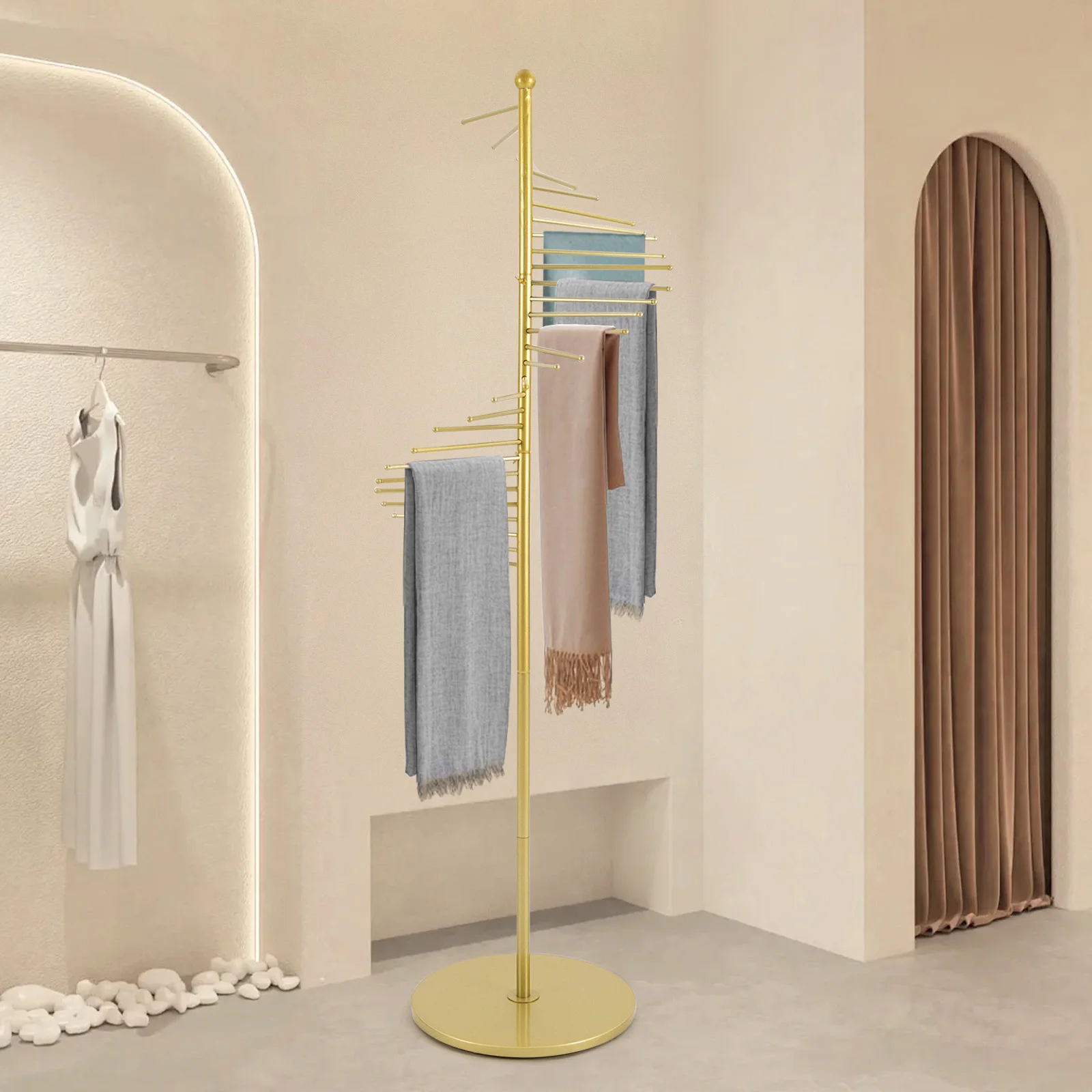 

Freestanding Spiral Scarf Display Stand, Gold Floor Rack for Store Display | 5-Tier Scarf Holder Organizer with 25cm Rod Length