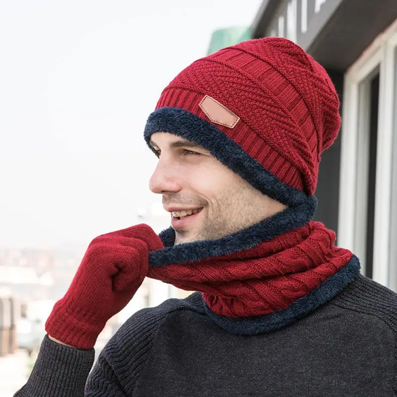 Touch Screen Gloves Circle Scarf Winter Hat Scarf Gloves Knit Skull Cap Scarf Set For Men Warm Slouchy Beanie Snow Kit