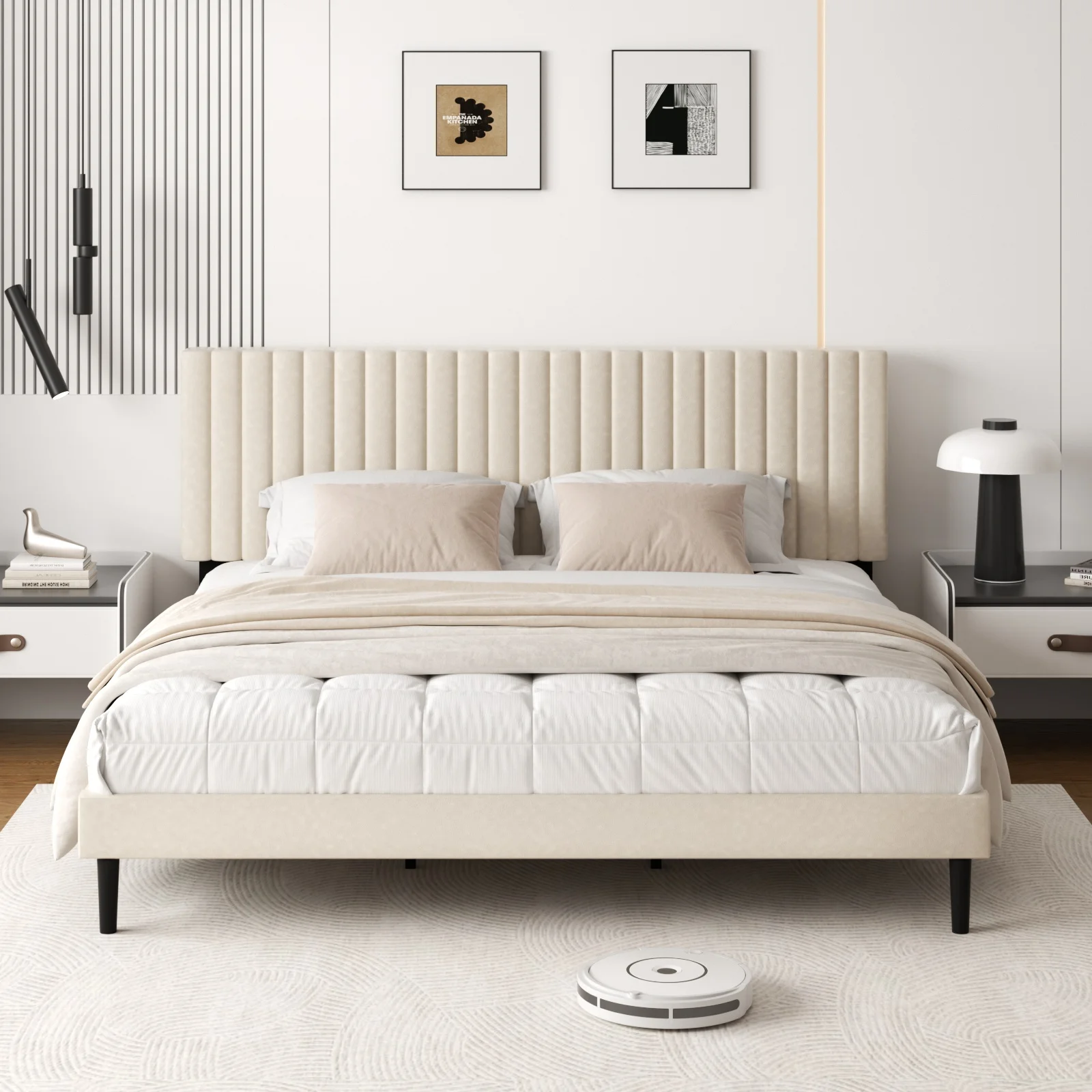 

！@Modern Simple Velvet Headboard Cushions Solid Wood Bed Frame with Storage Multi-Functional for Home Bedroom Furniture