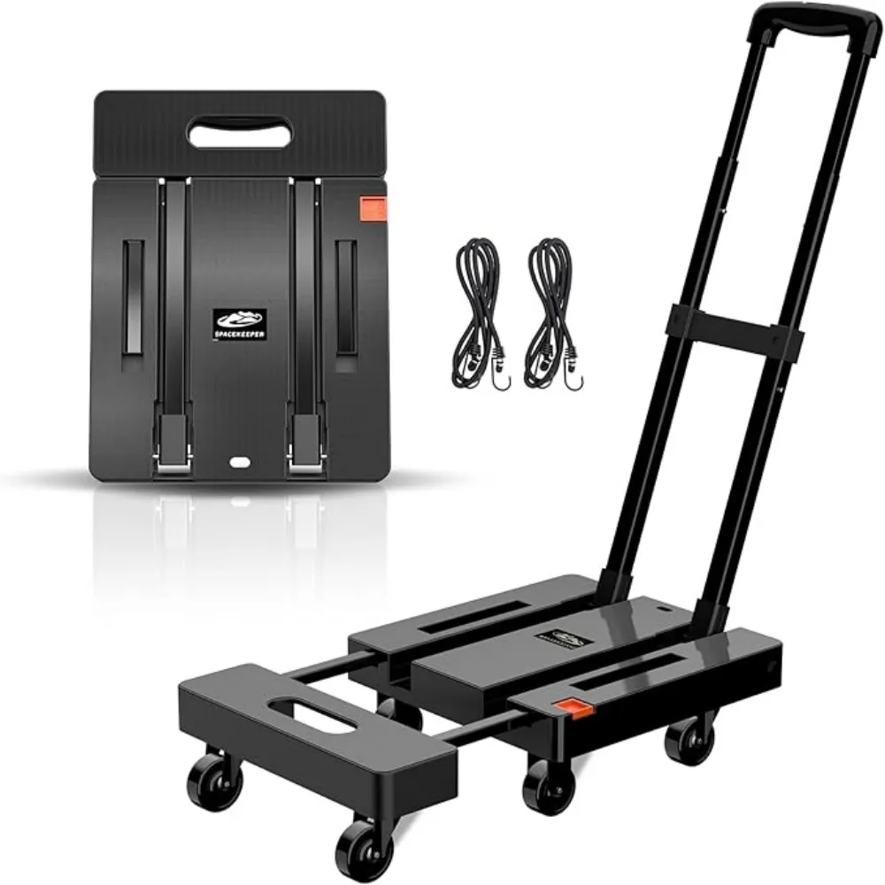 

SPACEKEEPER Folding Hand Trolley, 227KGS Heavy Duty Platform Trolley with 6 Wheels and 2 Elastic Ropes for Luggage, Travel, Car,