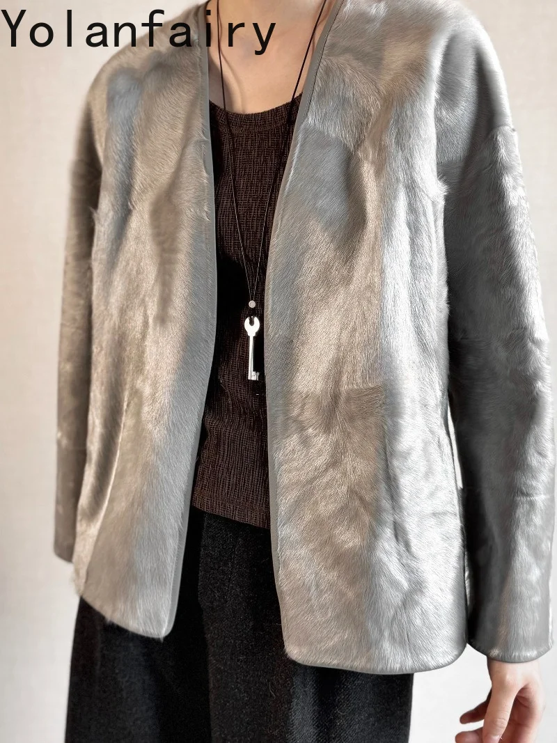 YOLANFAIRY Women Soft Light Natural Lake Sheep Shearling Coat Luxury Winter V Neck Reversible Real Fur Integrated Jacket Elegant