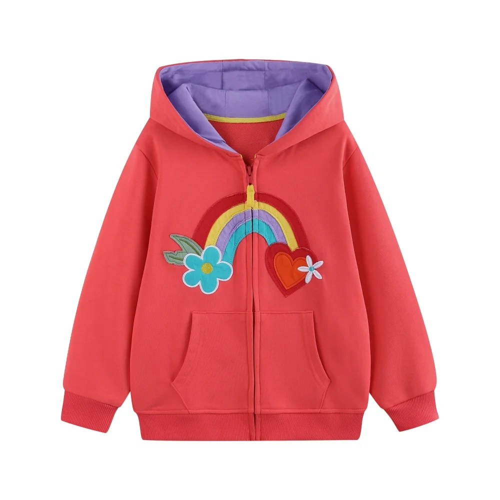 New Arrivals Rainbow Embroidery Girls Hooded Jacket 2-7T Long Sleeve Zipper Winter Autumn Outwear Girls Spring Wear