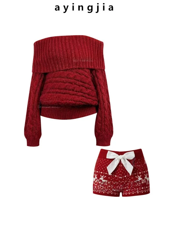 

New Year Red Lazy Sle One oulder Island Pattern orts Set Autumn Winter New Arrival plus Size Faion Ensemble Long Sve