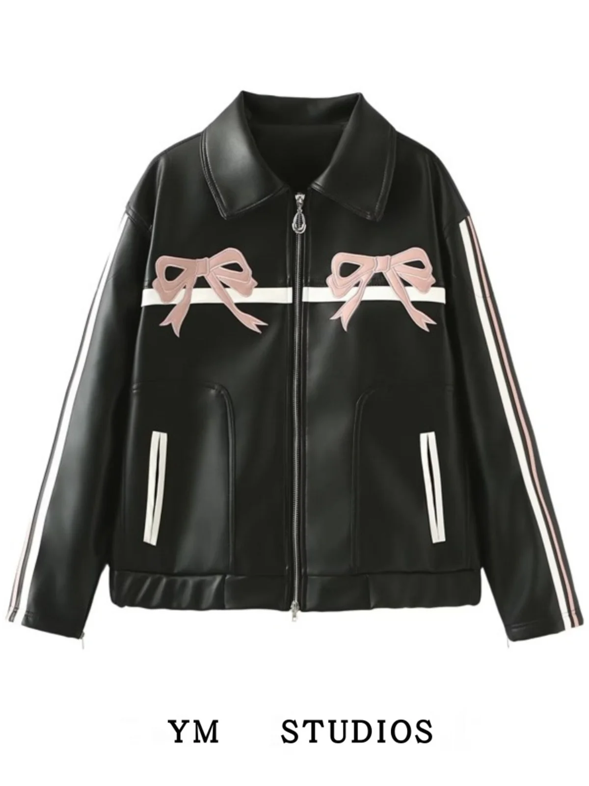 หวานเย็นสาวต้นฤดูใบไม้ผลิโบว์สีชมพูพิมพ์หนัง Jaet ซิปคอสูงสาวเซ็กซี่แจ๊กเก็ตยาว Sve คอ