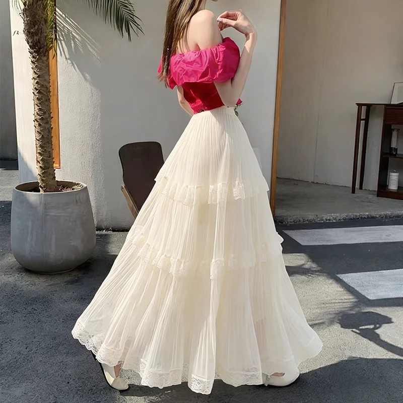 Retro Süßer Weißer Langer Rock für Damen, Lässiger Lockerer Rock mit Hoher Taille, Eleganter Vintage-Rock mit Spitzenbesatz, Koreanischer Sommer-Langrock – Detail 2