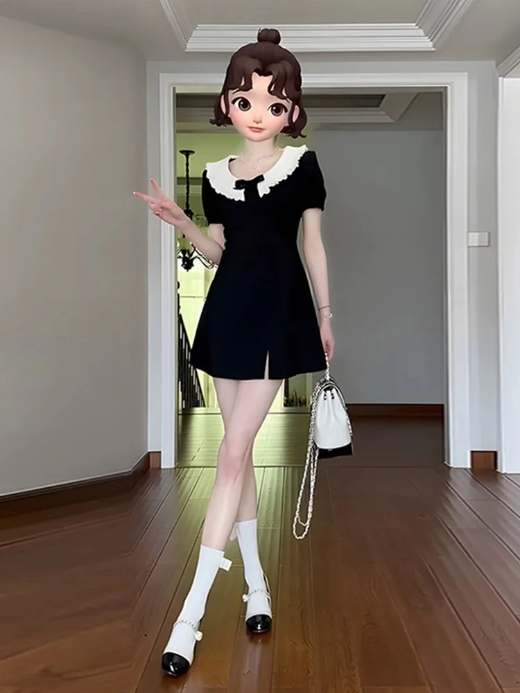 Summer Tea Break Ele Square Collar  Knot Dr Women's A-Line ort Skirt Bla Dr Slimming Effect