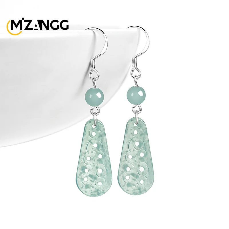 

Natural Jadeite Blue Water Antique Earrings S925 Silver Inlaid Hand-carved Ice Jade Simple Ancient Style Earrings Ladies Gift