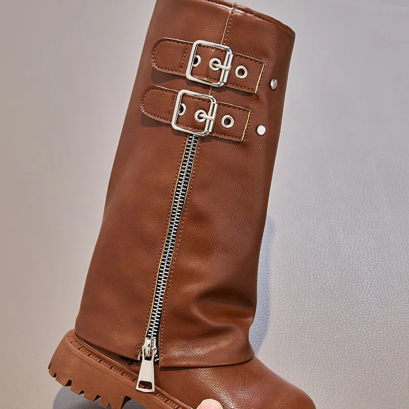 Kinder Herbst Winter Chunky Heel Reitstiefel Mädchen Studenten Gürtelschnalle Rutschfeste Modische Stiefel Vintage Plissierte Warme Lange Stiefel – Detail 10