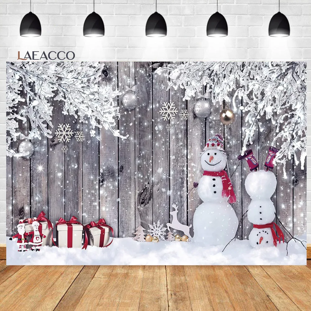 

Laeacco Winter Christmas Wood Photography Backdrop Glitter White Ice Snowflake Snowman Kids Newborn Portrait Photo Background