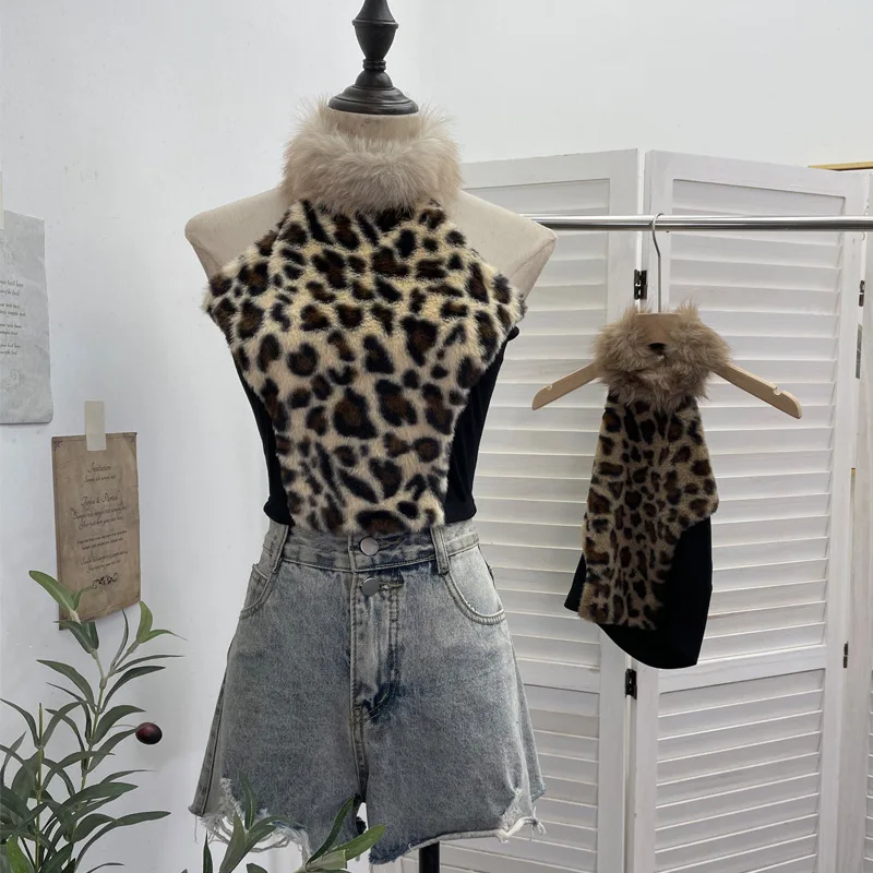 Contrasting Color Leopard Print Fluff Splicing High Neck Halter Neck Vest Slim Short Backless Sleeveless Top Female