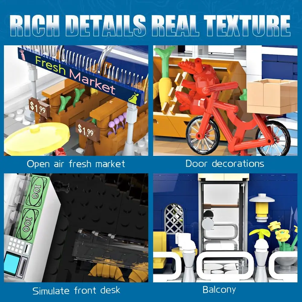 1456PCS City Market Street Building Mini Building Blocks Set with LED Lights Modular MOC Creative Model Set Toys for Adults gift