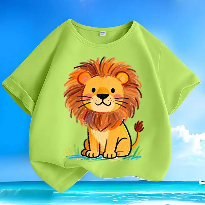 New Summer Graffiti Cute Lion Pure Cotton Printed Children's Round Neck T-shirt Loose Casual Short Sleeved Parent-child Top view 4