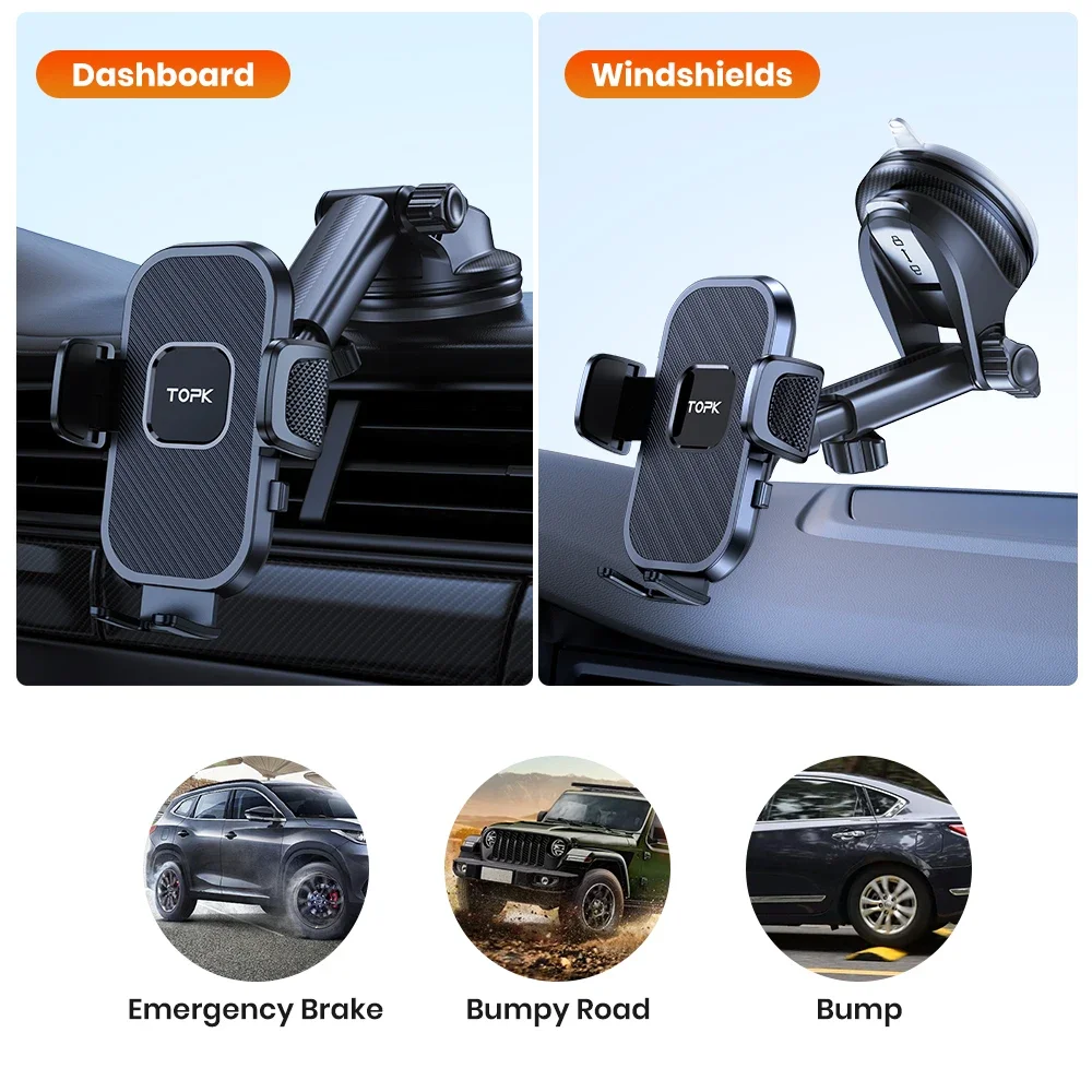 TOPK Car Phone Holder Phone Holder Car Suction Dashboard Mount Hands Free Stand for All Smartphones