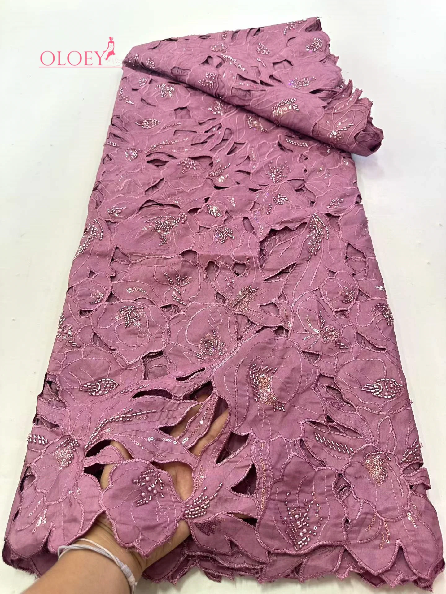 OLOEY African Nigerian High-Quality Embroidery Tulle Lace Fabric Guipure Water-Soluble Sequins for Wedding Party Dresses Sewing