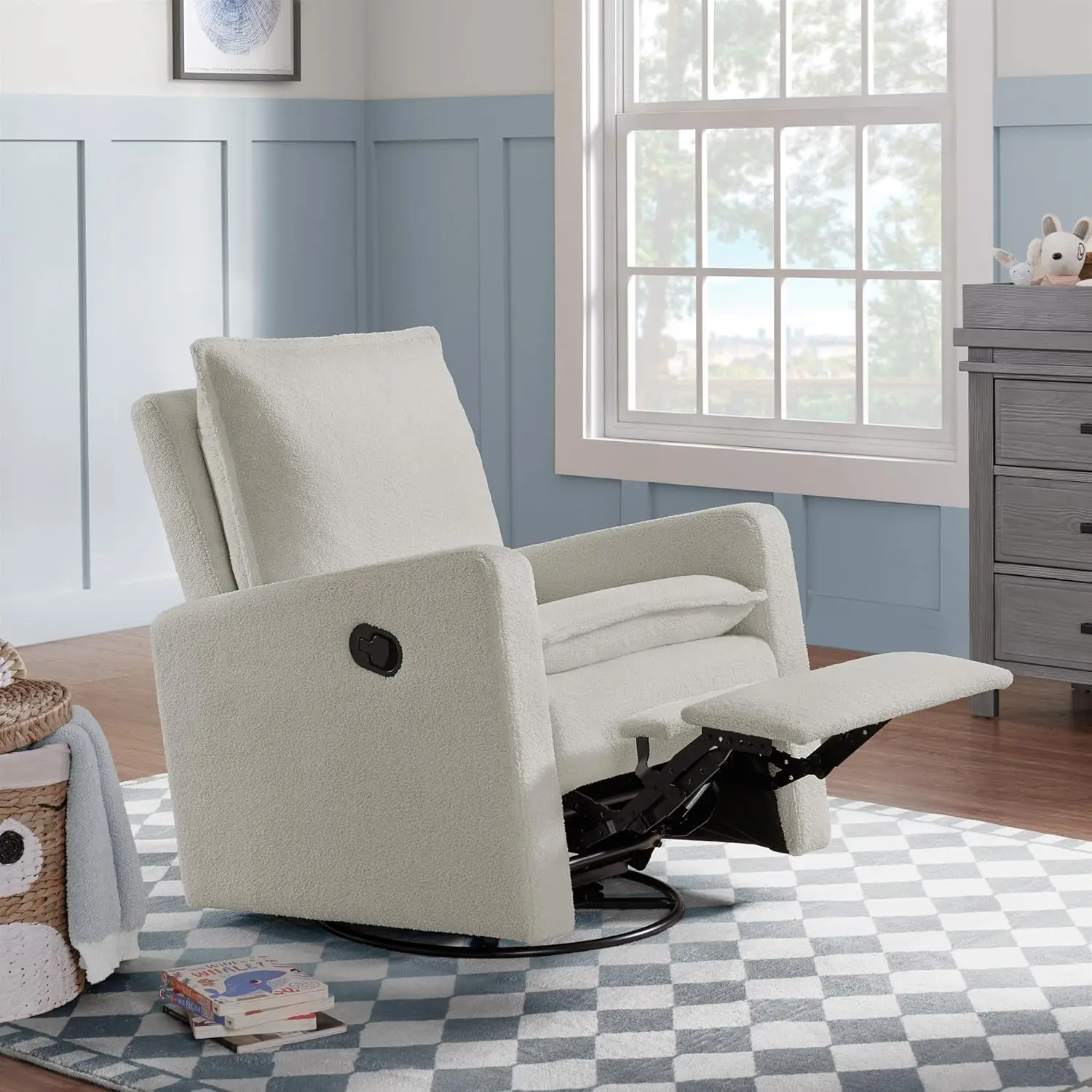 Uptown Upholstered Swivel Glider and Recliner Nursery Chair, Boucle White