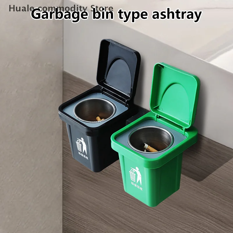 Trash Can Ashtray With Lid Stainless Steel Ashtray Bathroom Wall Hanging Notch Anti-fly Ash Ashtray