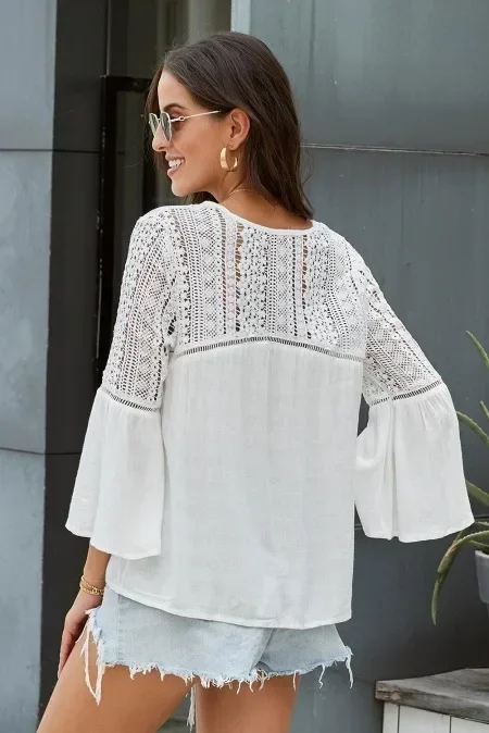 Camicette in pizzo bianco rayon di cotone Donna Top vintage con scollo a V Manica svasata Scava fuori Camicia camicetta estiva Casual boho Beach blusas