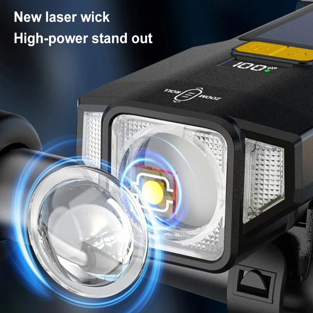 مصباح أمامي للدراجة بالطاقة الشمسية USB قابل لإعادة الشحن لركوب الدراجات، مصباح أمامي آمن 4000 مللي أمبير في الساعة، مصباح يدوي للدراجة عالي السطوع لركوب الليل