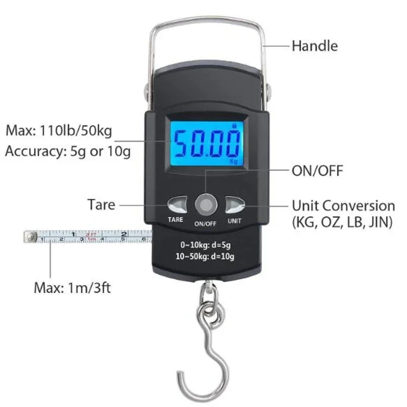 Portable Travel Hanging Fish Scale with 1m Metric and Imperial Retractable Measuring Tape, 50kg/10g LCD Electronic Hand Scale