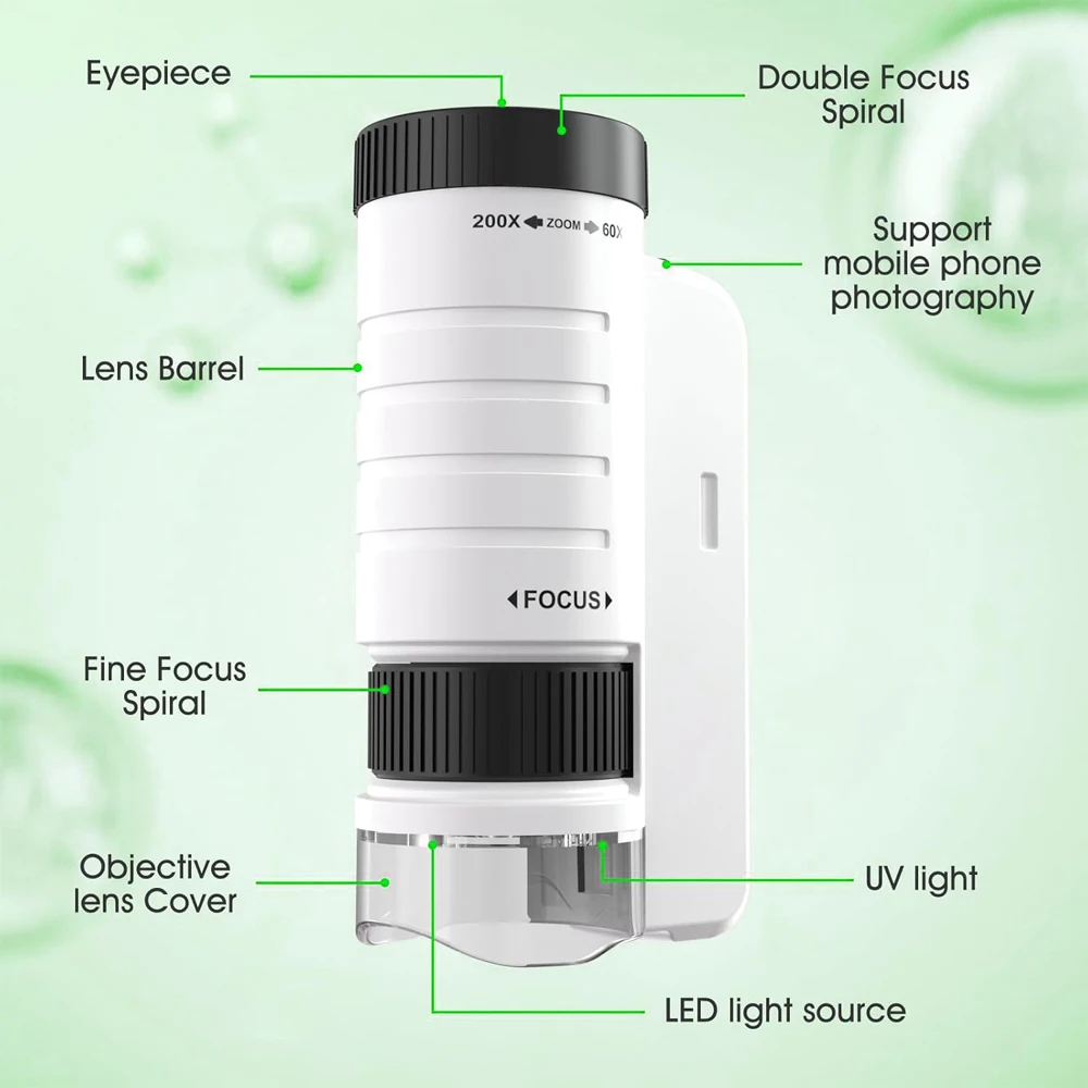 60-200X Children Microscope Pocket Microscope with LED Portable High Definition Science Microscope Outdoor Pocket Kid Microscope