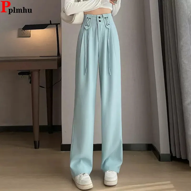 

Loose Lace-up Design OL Straight Suit Pantalones High Elastic Waist Casual Baggy Wide Leg Pants Fashion Women Korea New Spodnie