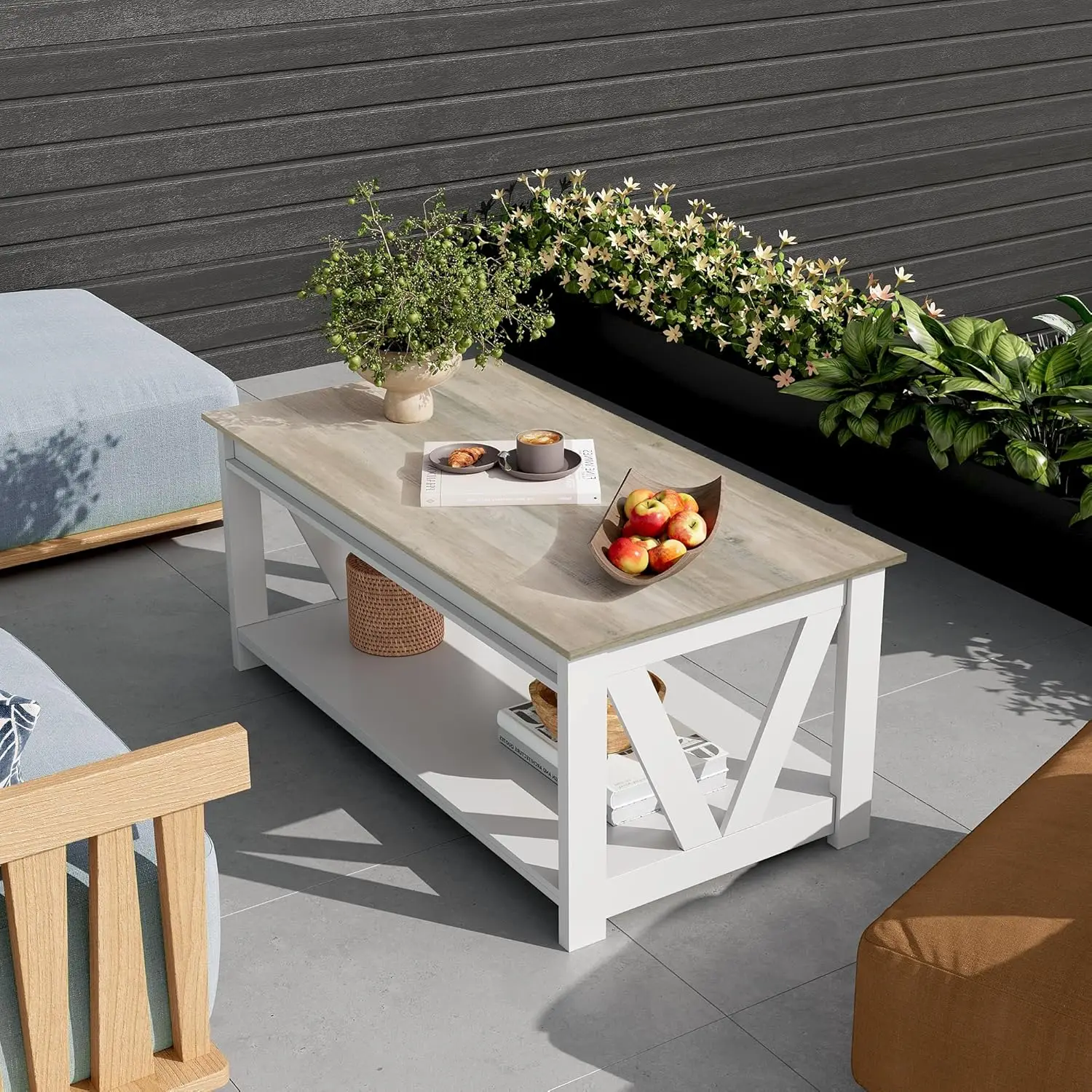 Coffee Table, 43" Farmhouse Coffee Table With Storage Shelf & Sturdy V-Shaped Support, Wood Center Table For Living