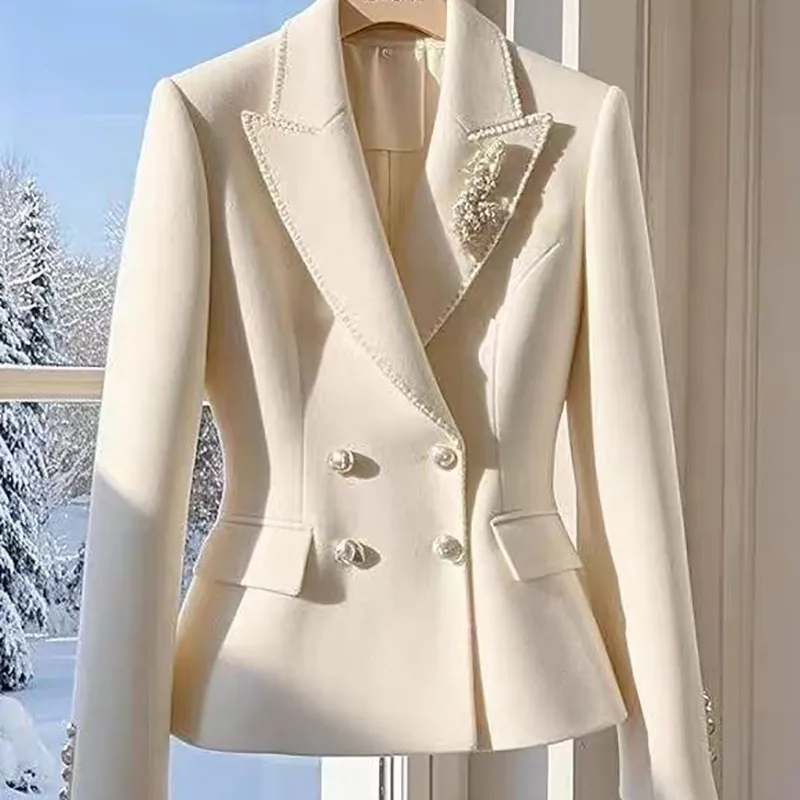 여성용 가을 블레이저, 양모 격자 무늬 정장 코트, PU 가죽 스플라이스 라펠 짧은 재킷, 여성 의류, 2023 년 신제품