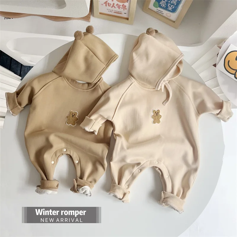 2024 Autumn Winter Baby Romper Hat Toddler Outfit Set Cute Bear Korean Kids Jumpsuits for Girls Boys Clothes Fashion Infant Suit