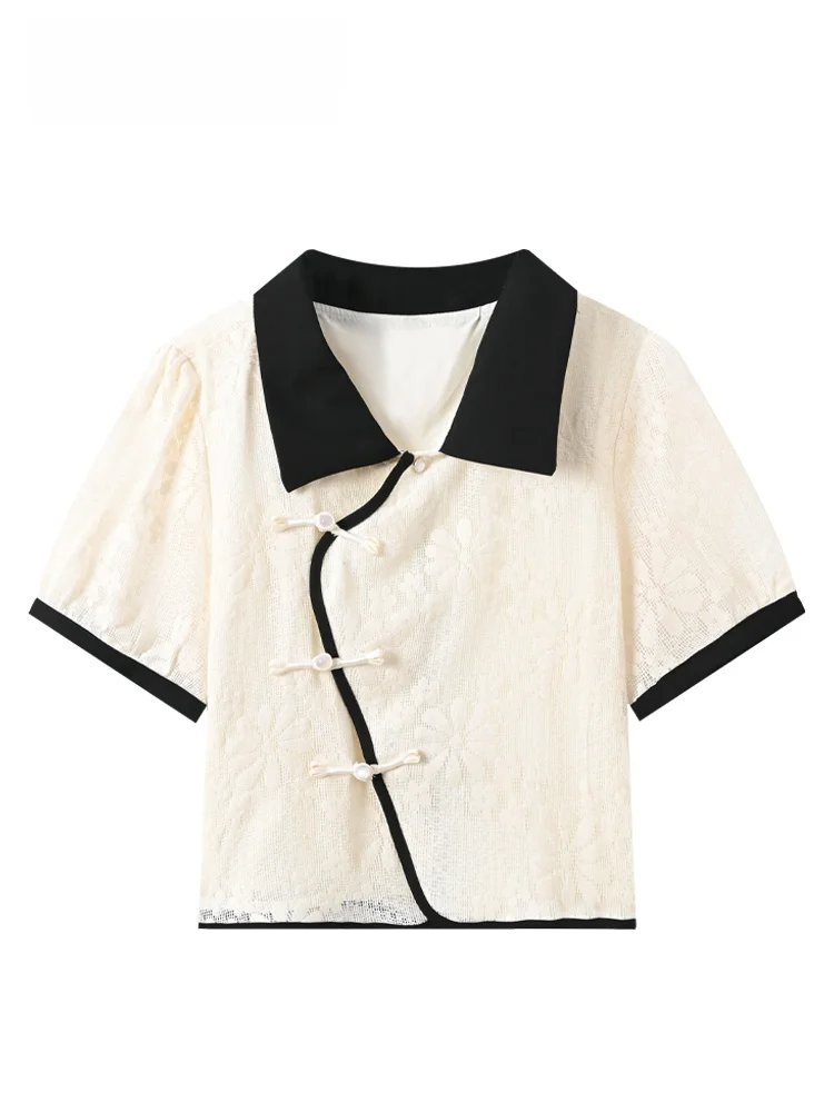 

New Chinese Style Short Sleeve T-Shirt Women's Summer plus Size Retro Button Collar Top Trendy plus Size Sister Vintage Shirt