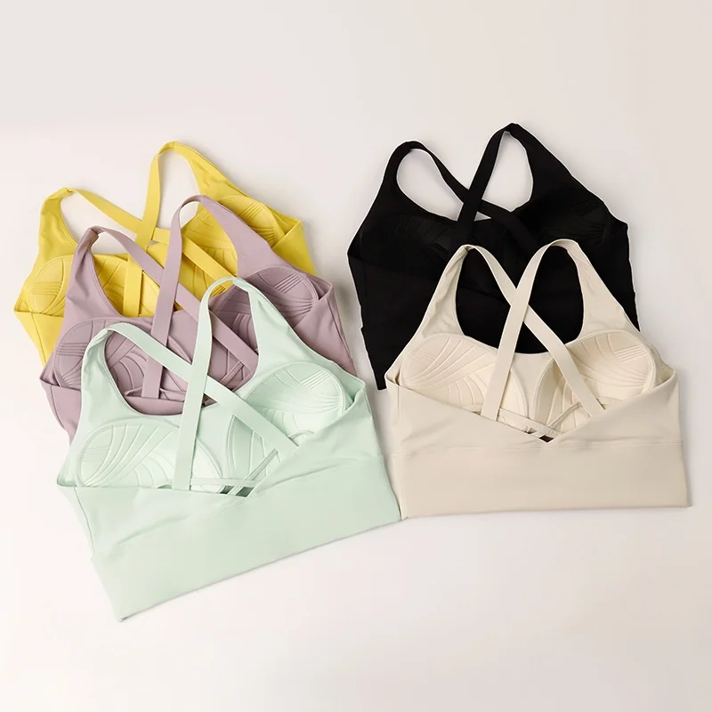 Fixed chest cushion sports bra for women, high-strength shock-absorbing gathering running bra, yoga fitness bra