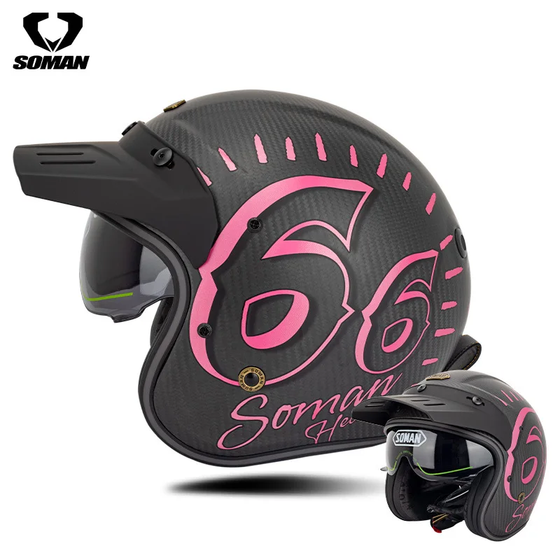 SOMAN CE DOT Carbon Fiber Motorcycle Helmet Retro Summer With Internal Visor Unisex Safety Biker Casco Moto Protective Gear