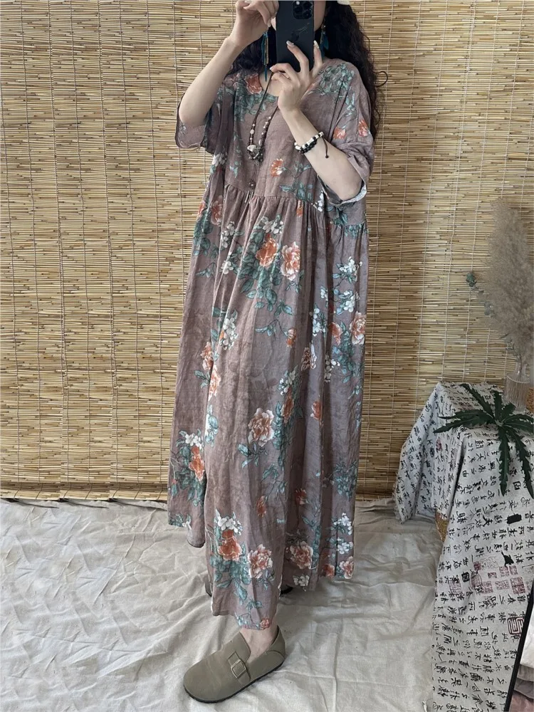 فستان صيفي كبير الحجم مطبوع عليه زهور فستان نسائي فضفاض مكشكش فساتين نسائية غير رسمية فستان طويل على شكل حرف a