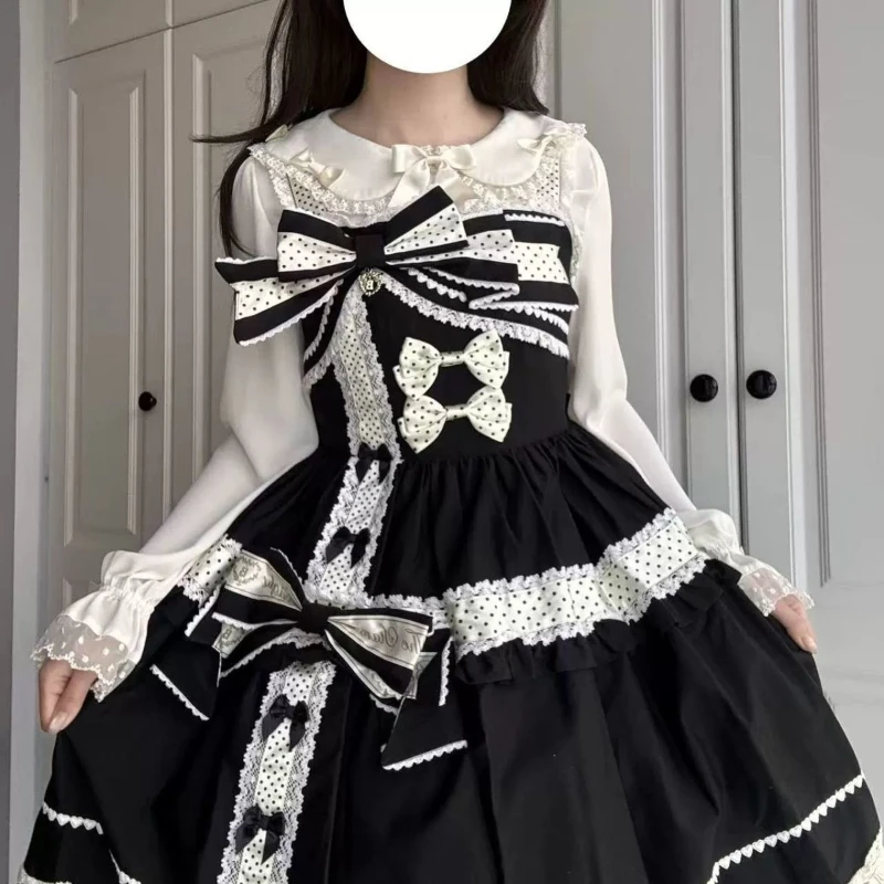 달콤한 로리타 느슨한 레이스 보우 긴 소매 쉬폰 셔츠 여성 일본 카와이 러블리 패치 워크 티셔츠 패션 예쁜 옷