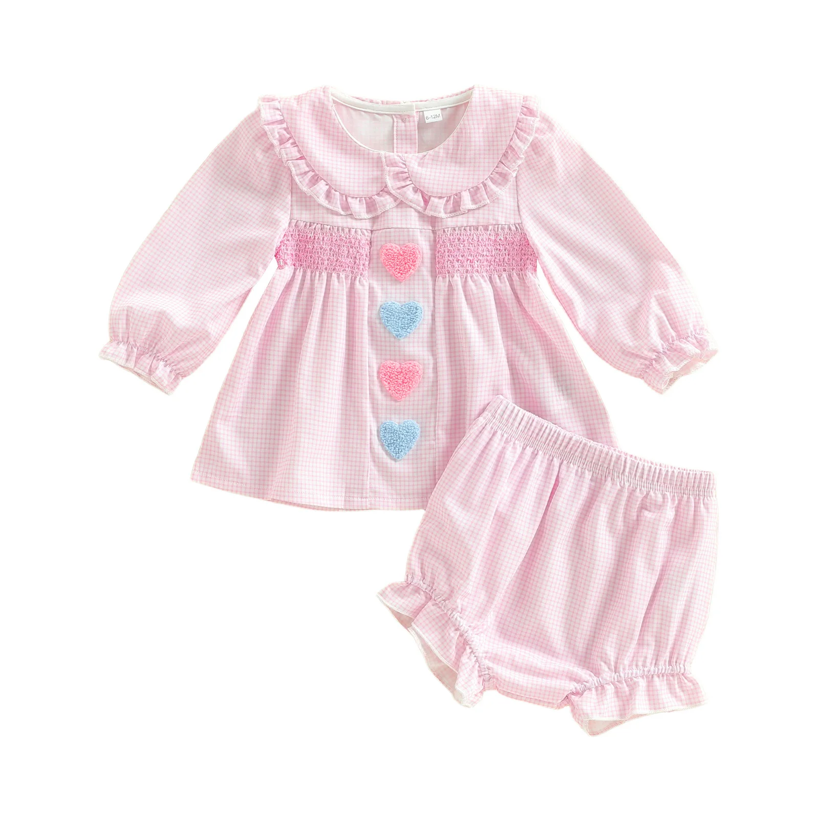 طقم ملابس للفتيات الصغيرات مكون من قطعتين، فستان وسروال قصير بياقة دمية مكشكشة وأكمام طويلة