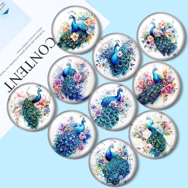 Watercolor Floral Peacock  for Jewelry Making12mm/16mm/18mm/25mm 10pcs Round Photo Glass Cabochon Demo Flat Back Making findings