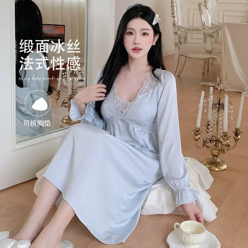 

2026 Spring Long Sleeve Sexy Lace V-neck Lingerie Silk Satin Nightgowns For Women Korean Sleepwear Night Dress Nightdress Nighty