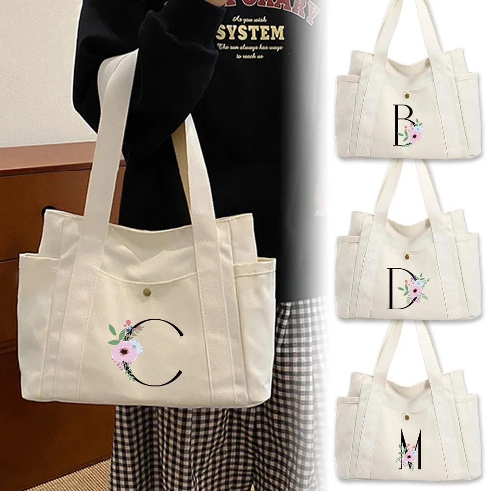 Casual Multi-compartment Canvas Tote Bag with Dual-side Slip Pockets, Storage Bag for Shopping Outings and Personal Items.