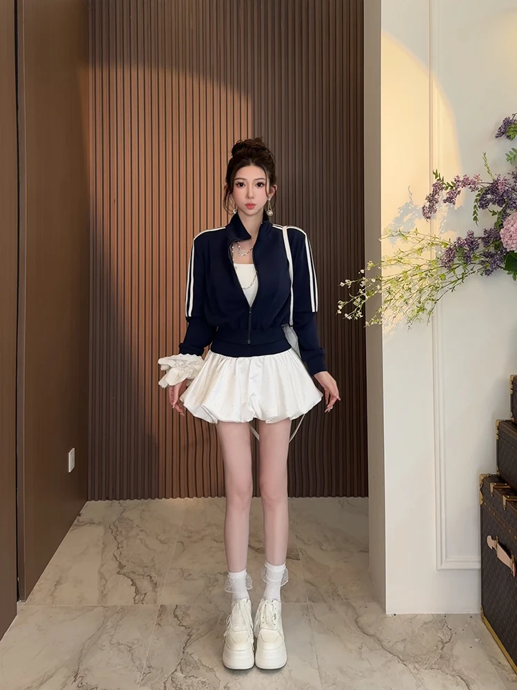 

Casual Sweatirt Jaet And Skirt Set with Stand Collar Wide Waist Splicing Design by Little Rain Sister Women's Faion Ens...