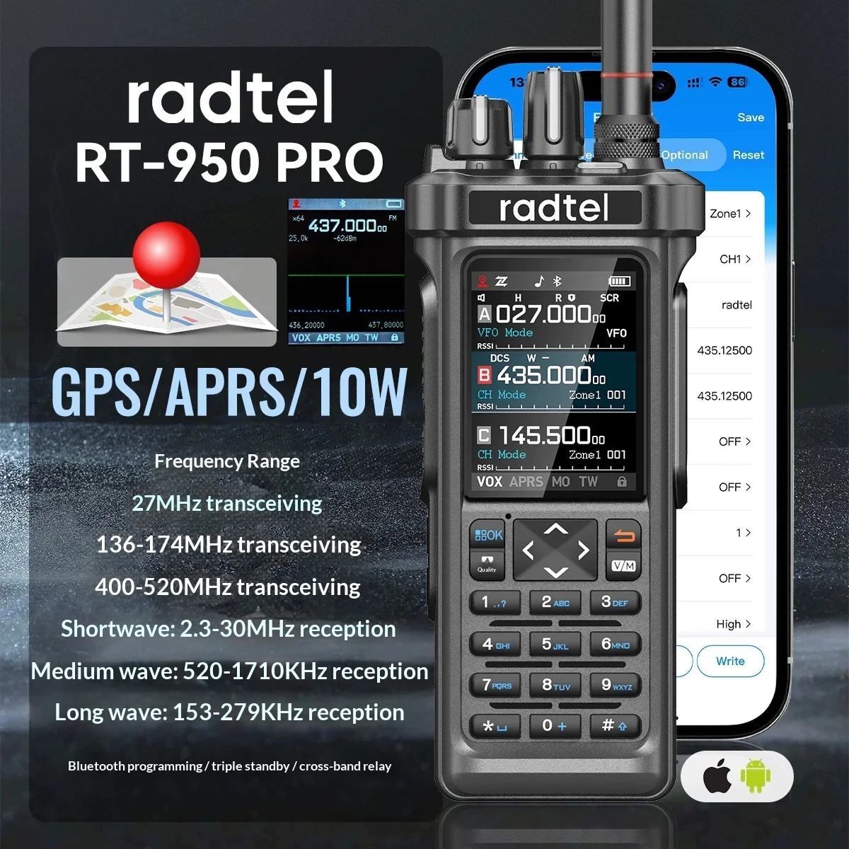 Radtel RT-950 Pro Black AM/FM/CW Aviation Band Receiver Portable Handheld Two Way Radio