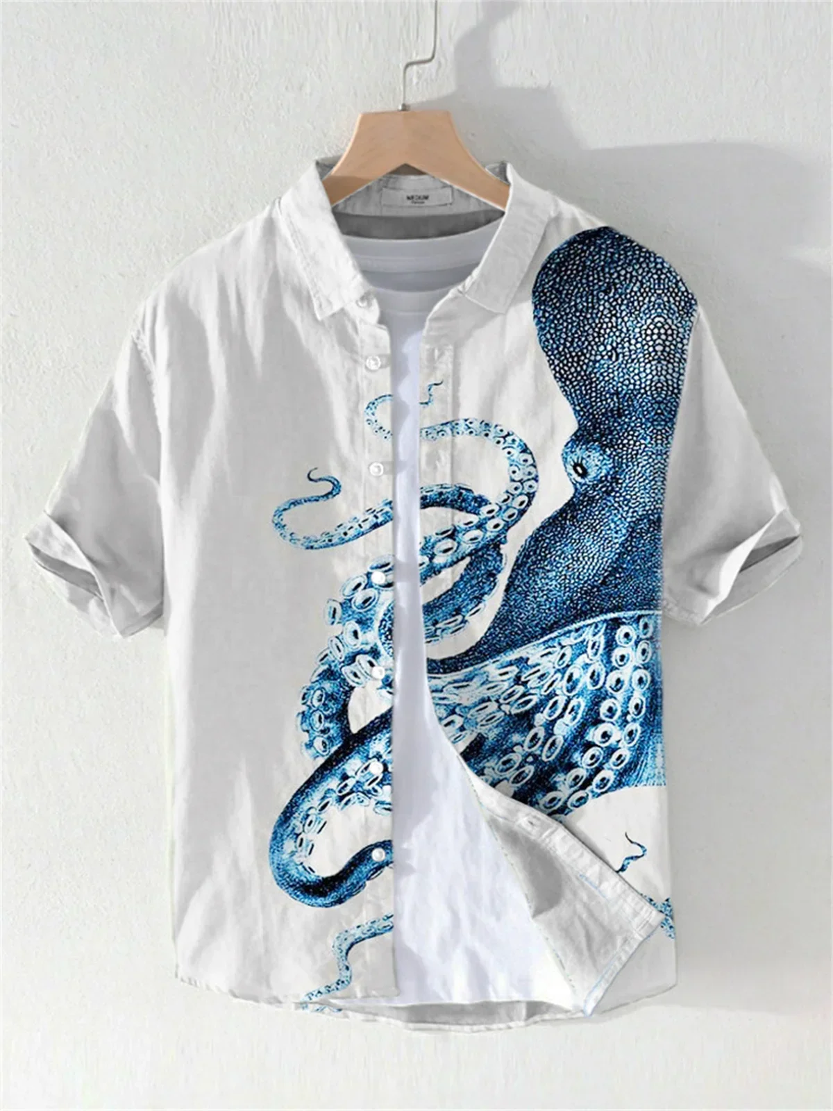 

Men's Short Sleeved Lapel Shirt, Hawaiian Beach, Linen, Single Breasted, Casual Vacation Top, Japanese Art, Octopus Print