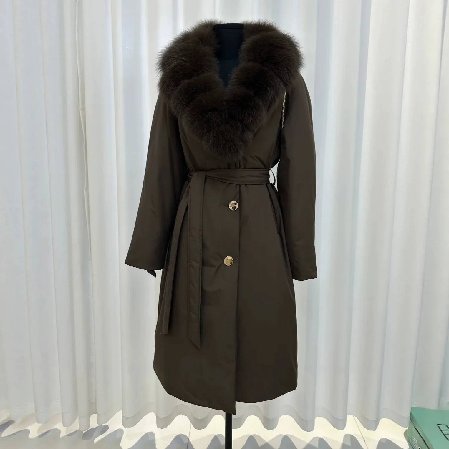 OFTBUY Duck Down Belted Slim Puffer Coat Winter Thick Warm Windproof Outerwear Real Fox Fur Collar Long Duck Down Jacket Women
