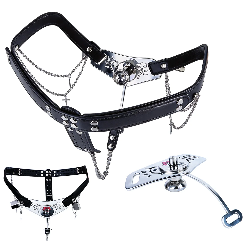 ORALSX Metal Chastity Cage Set PU Band Shaped Strap On Auxiliary Belt Black Sissy Wearable Penis Ring Lock Cock Adult Sex Toys
