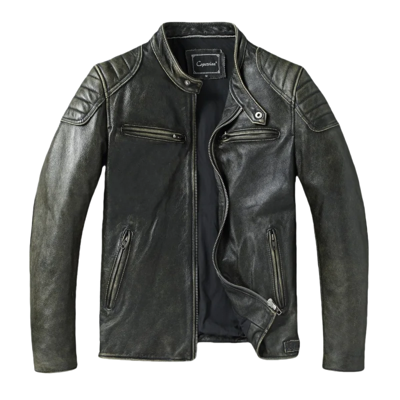 First Layer Cowhide Leather Jacket Vintage Stone Wash Distressed Olive Green Motorcycle Style Stand Collar Slim Fit oversize 7XL