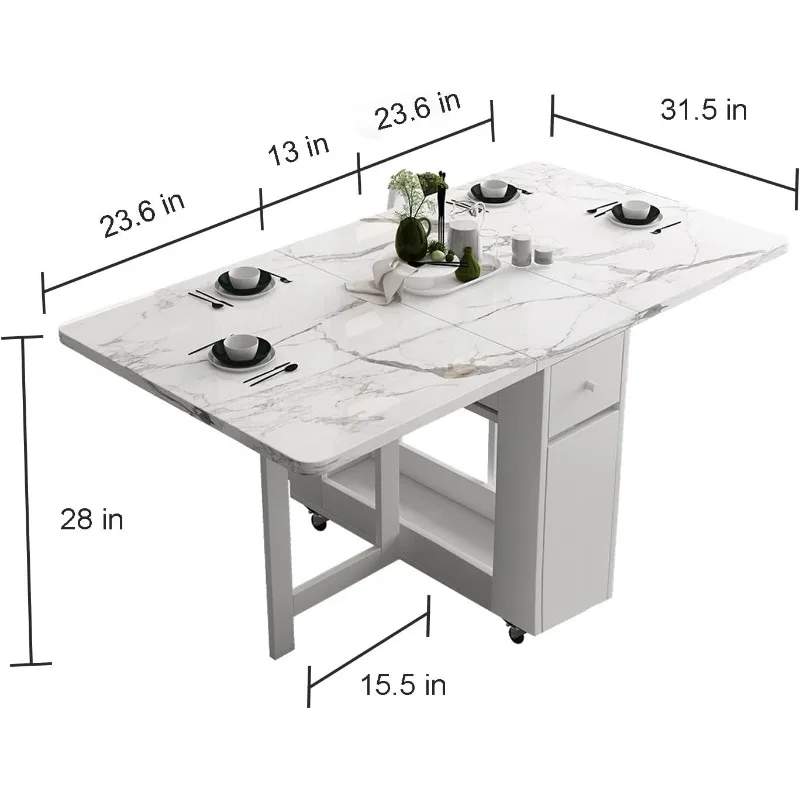 Opvouwbare Eettafel Met Rek En 2 Opbergladen, Verplaatsbare Ruimtebesparende Keukentafel In 3 Vormen (Wit)