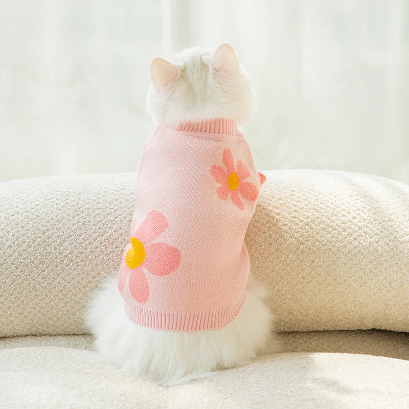 Pet Sweater Autumn Fresh Flower Jacquard Knitted Cardigan Sweater Blue Cat Puppet Cat Hair Proof Cat Clothes Customizable