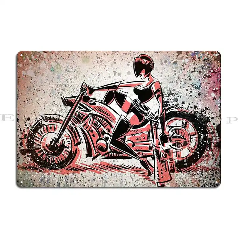 Motorcycle Girl Art Bike Woman Female Blaster Helmet Visor Wheels Chopper Metal Signs Garage Custom Wall Mural Wall Cave