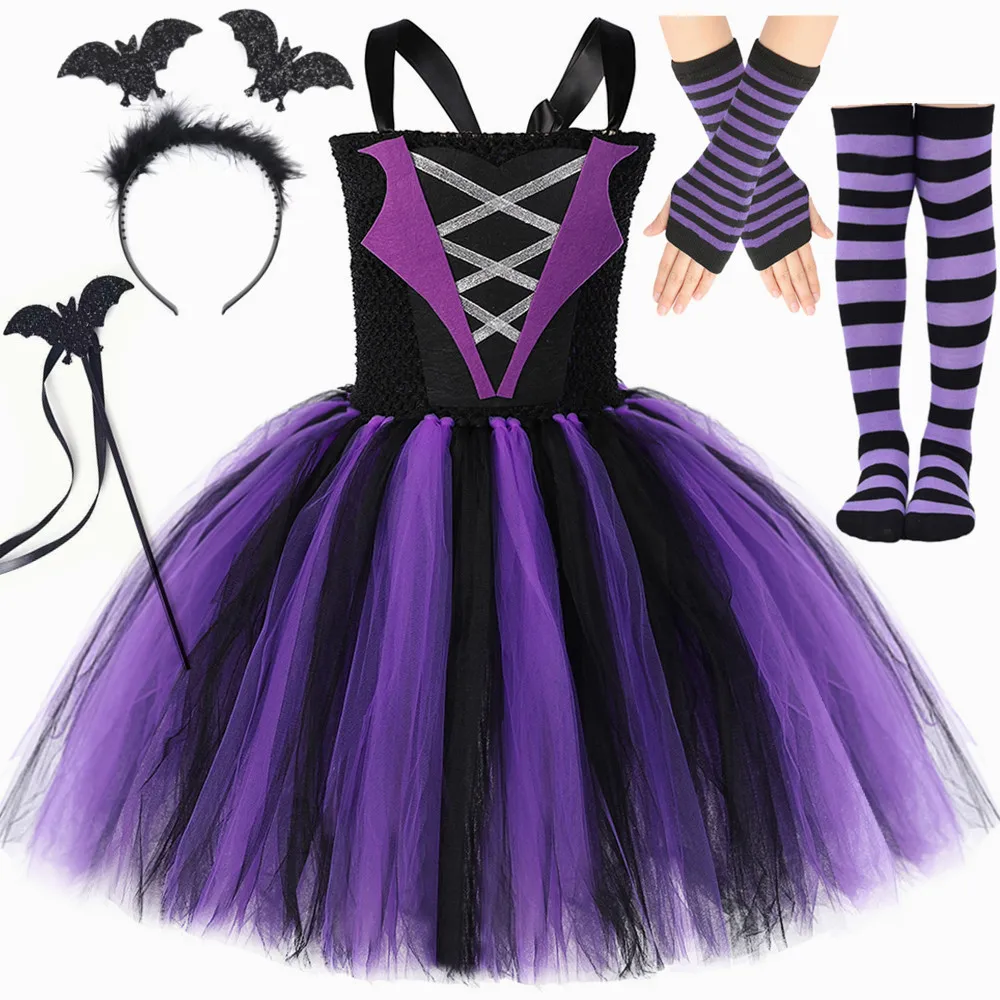 Bat Witch Costume for Girls Purple Black Halloween Tutu Dress Outfit Baby Kids Carnival Party Wicked Sorceress Dress Up Clothes