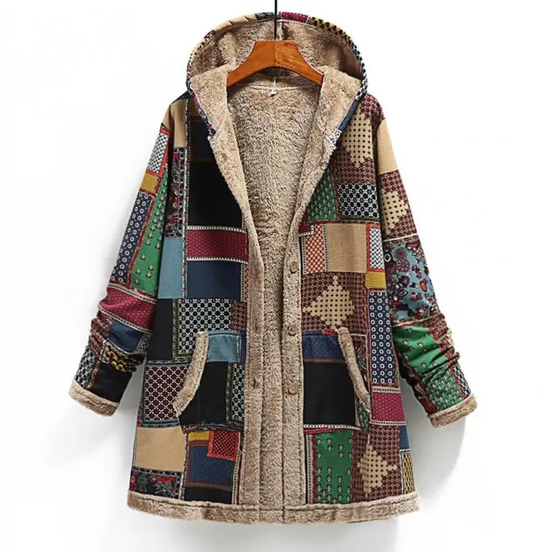 Winter Female Warm Coat Print Thick Fleece Hooded Long Jacket with Pocket Ladies Loose Outwear Coat