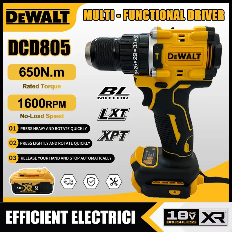 DEWALT DCD805 Brushless Impact Drill Cordless Electric Screwdriver Multi-Function Hand Drill Rechargeable Power Tool
